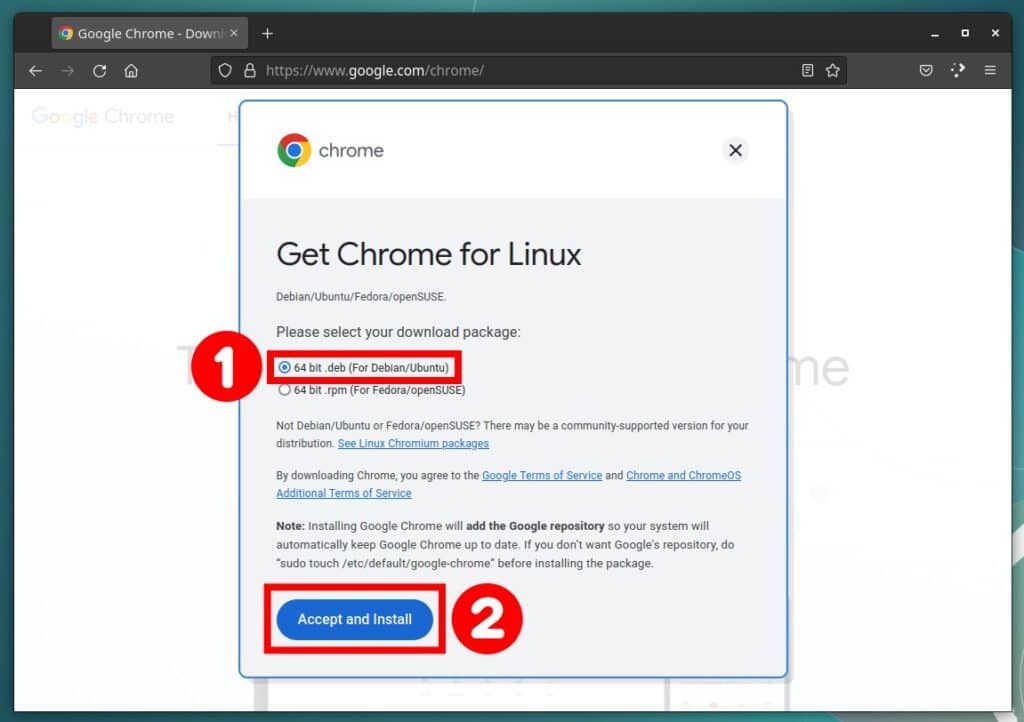 Download the Google Chrome Linux installation package for Debian/Ubuntu.