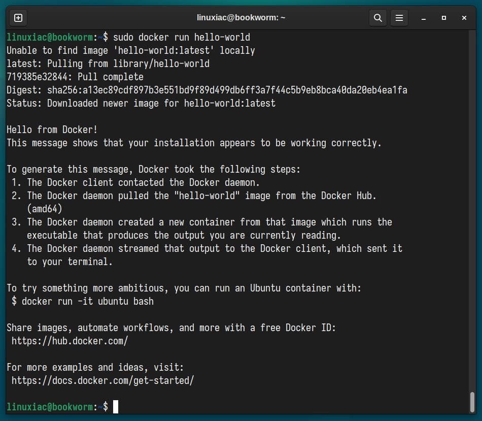 Docker successfully installed, up & running on Debian 12.