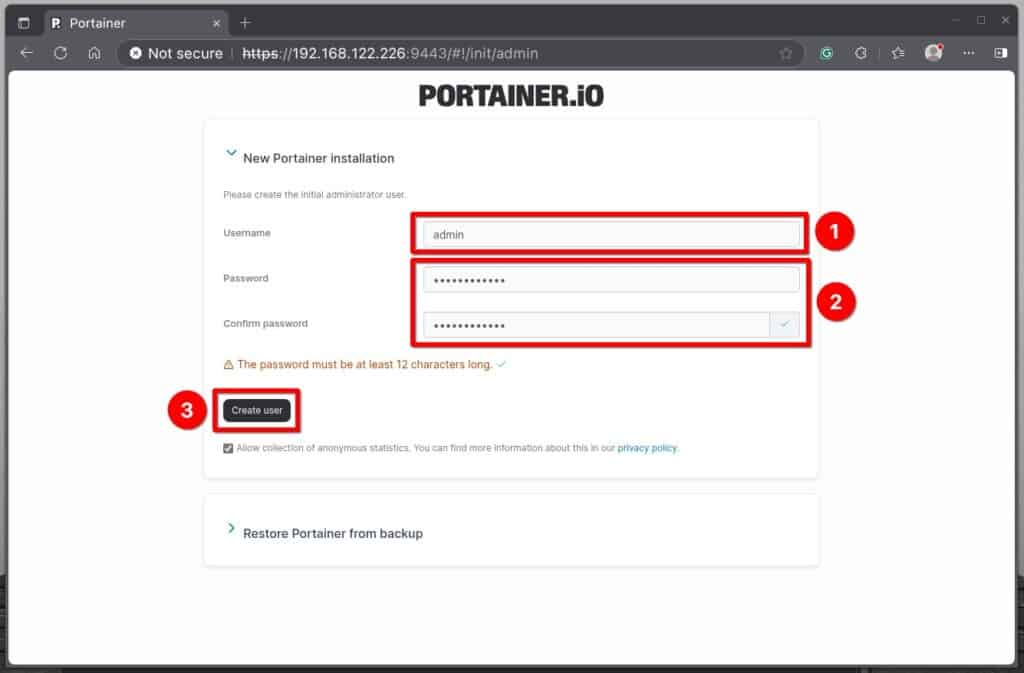 Create Portainer's admin account.
