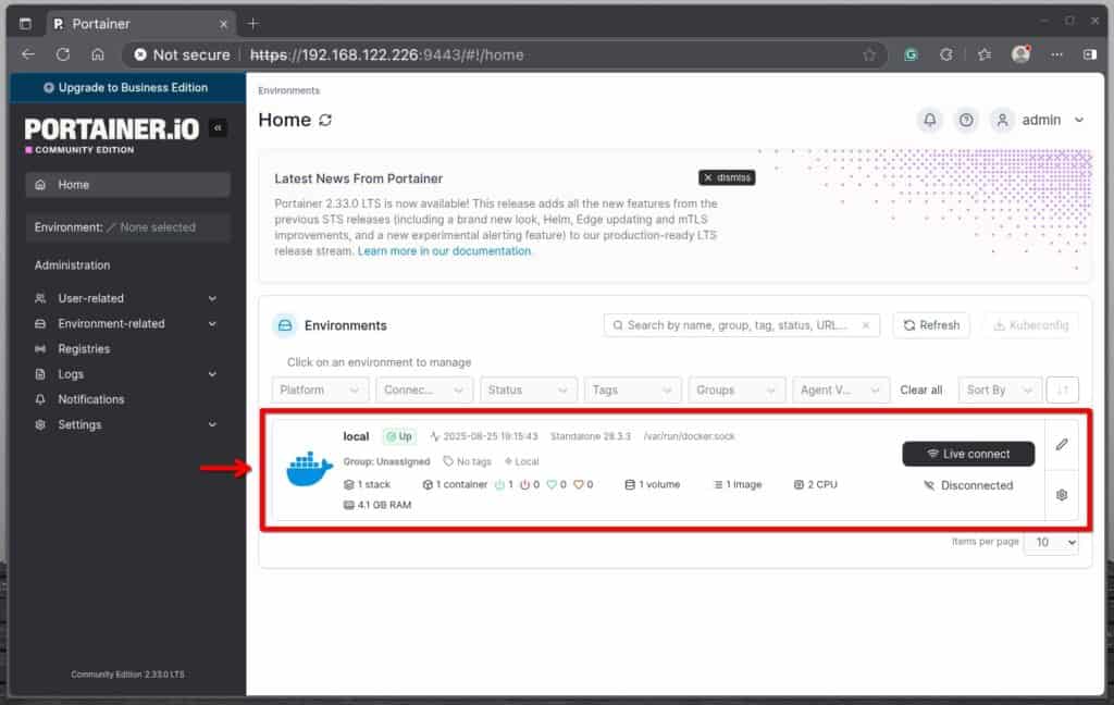 Portainer successfully connected to the local Docker environment.