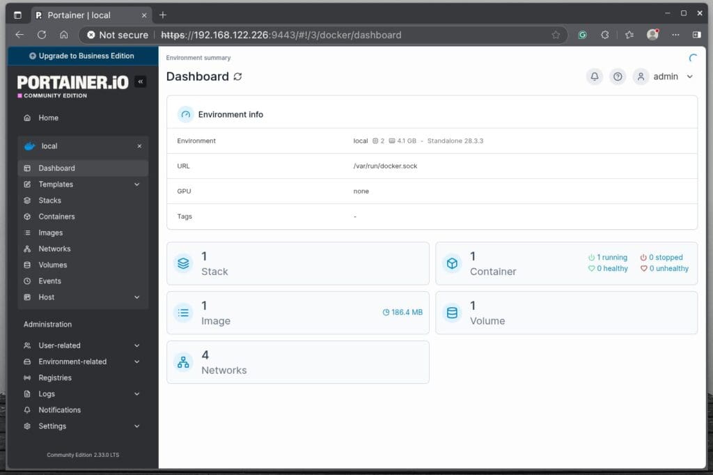 Manage Docker containers with Portainer.