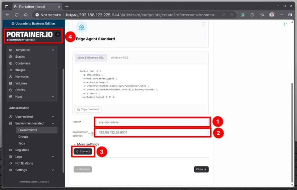 Connect Portainer to a remote Docker environment.