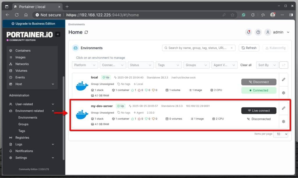 Portainer has been successfully connected to a remote Docker environment.