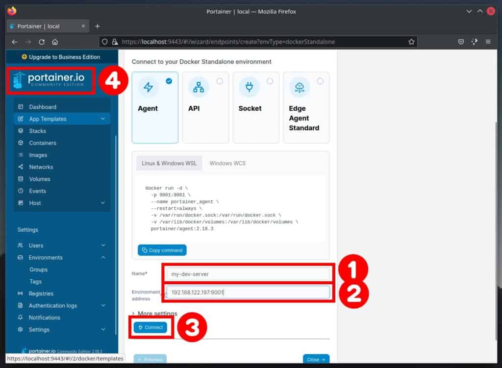 Connect Portainer to remote Docker environment.