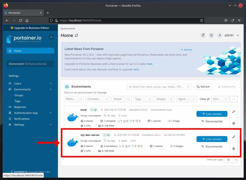 Portainer has been successfully connected to a remote Docker environment.