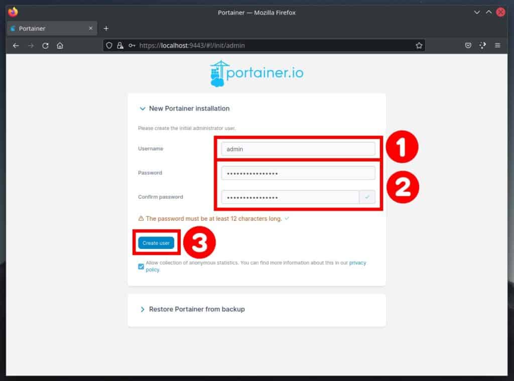 Create Portainer's admin account.