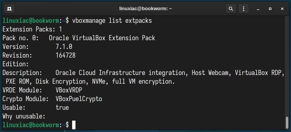 List installed VirtualBox Extension Packs.