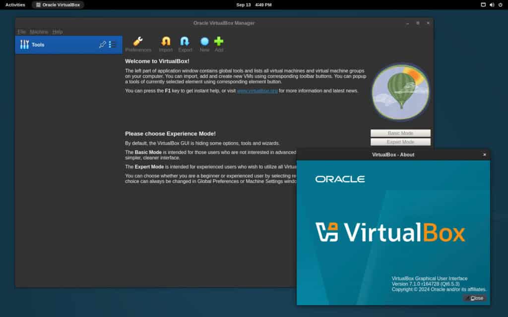 VirtualBox is installed and running on Debian 12.