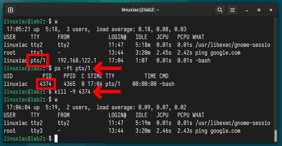 Terminating a user session in Linux by process ID.