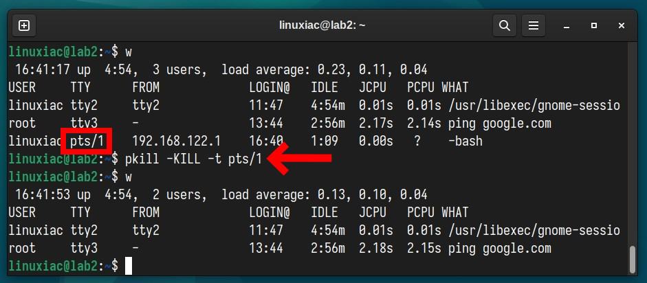 Terminating a user session in Linux by TTY/PTS name.