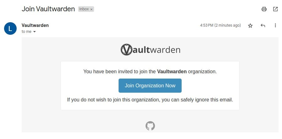 Inviting а user to join the Vaultwarden server.