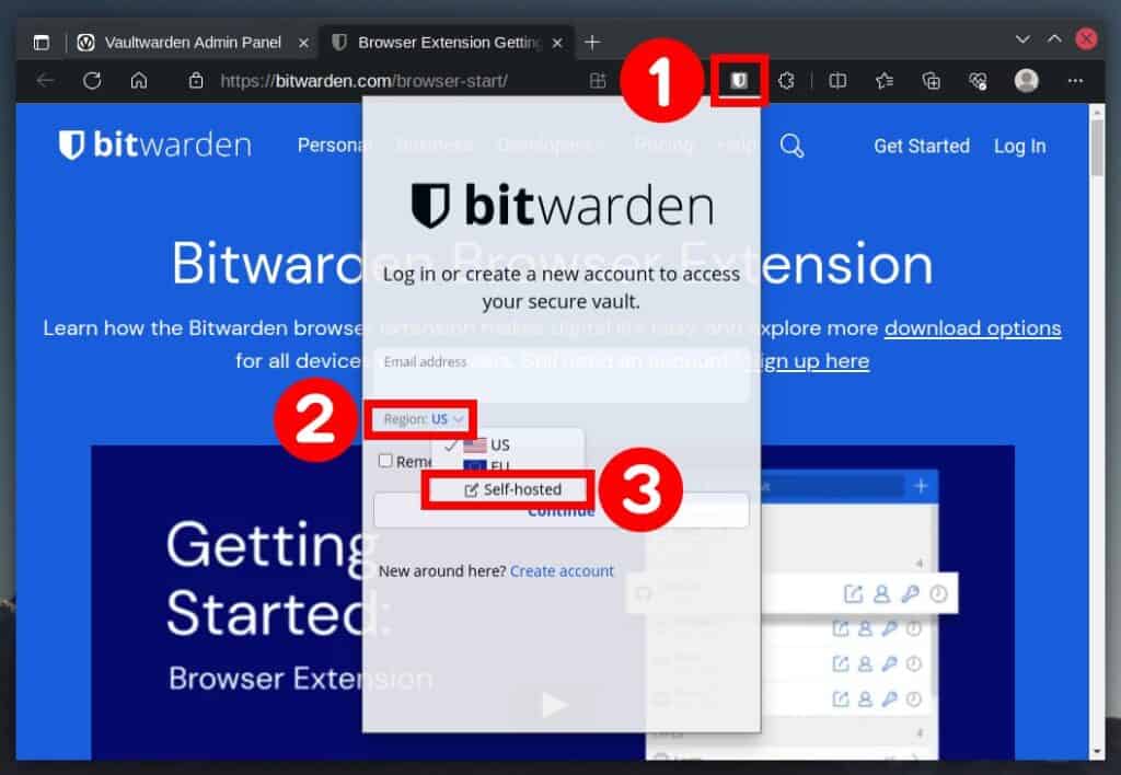 Connecting the Bitwarden extension to the lef-hosted Vaultwarden server.