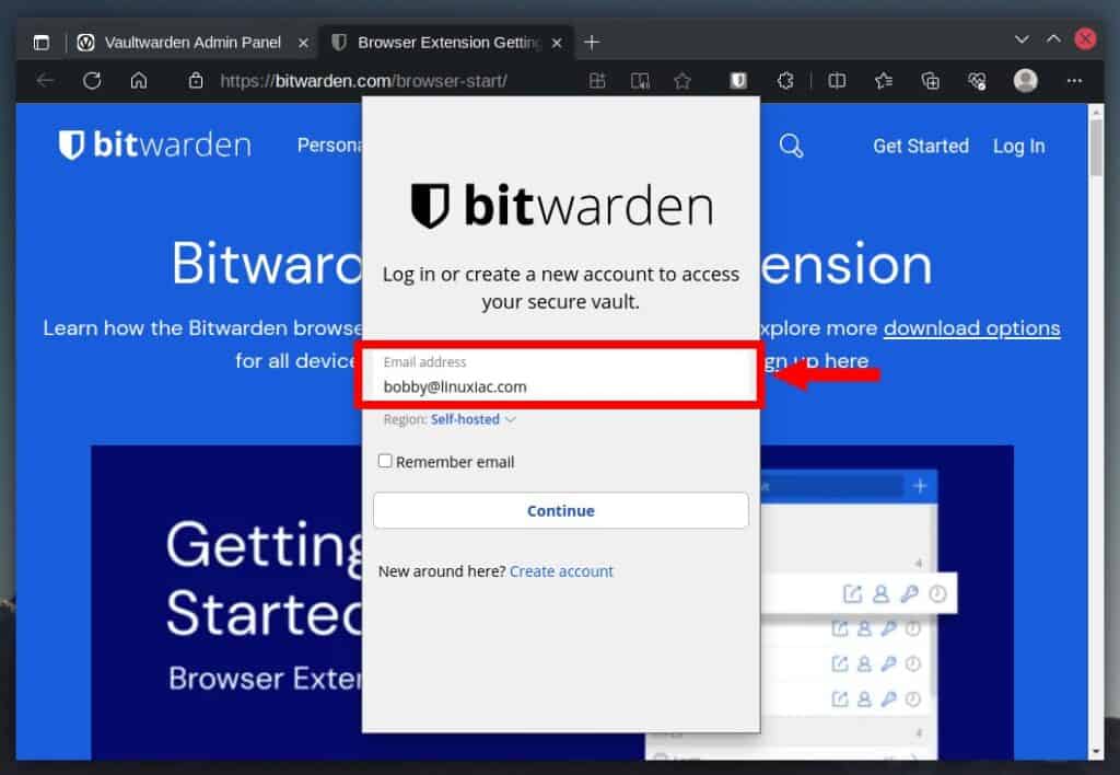 Connecting the Bitwarden extension to the lef-hosted Vaultwarden server.