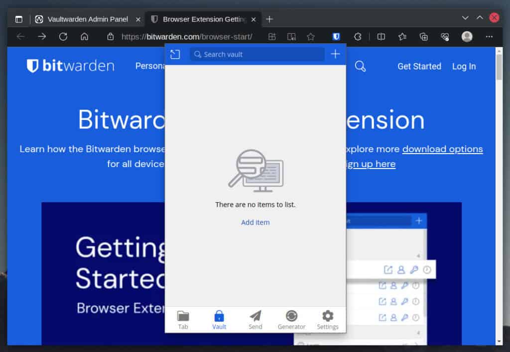 Bitwarden browser extension successfully connected to the Vaultwarden server.