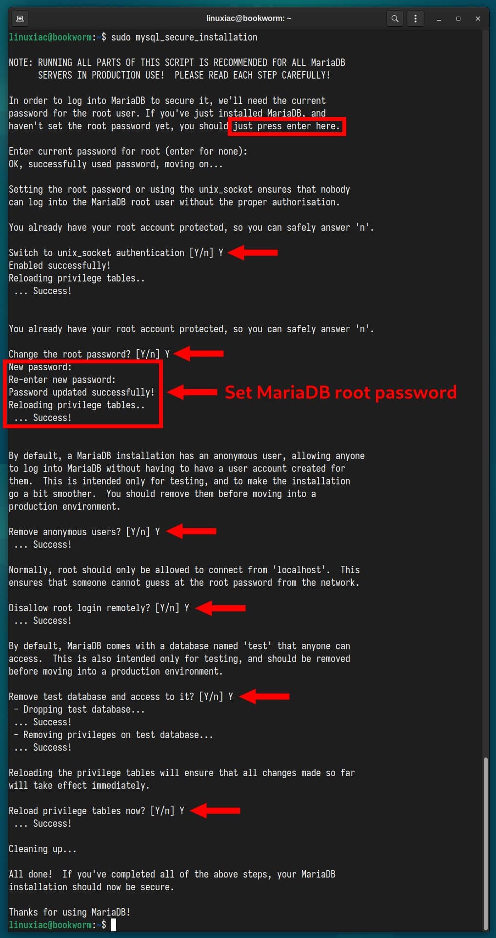 Securing MariaDB server's installation.