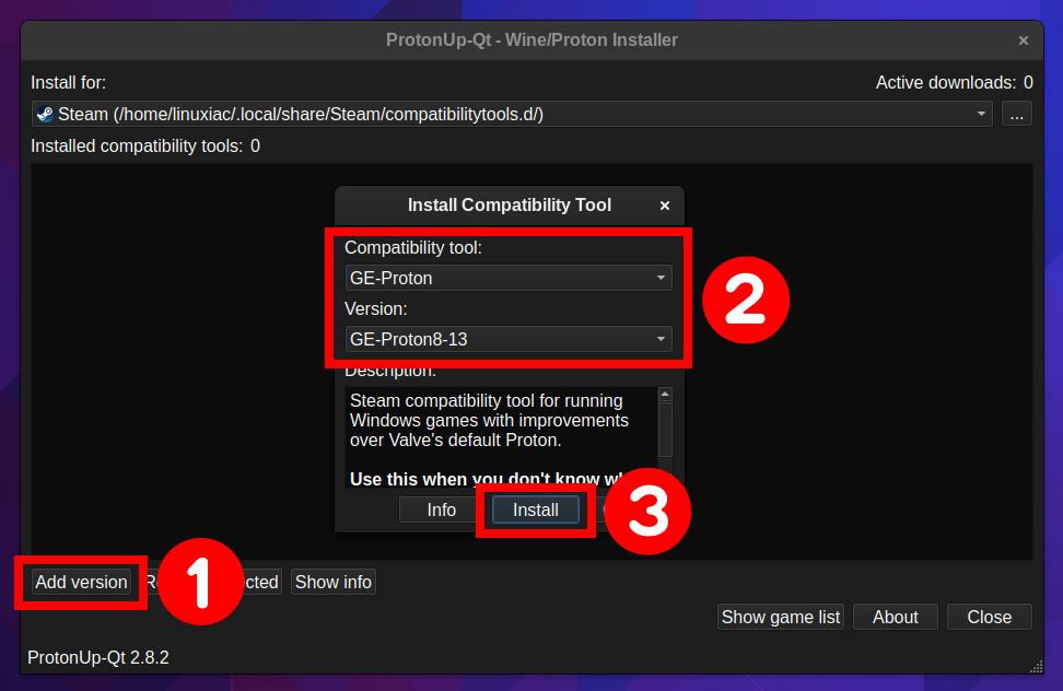 Installing Proton GE via ProtonUp-QT.