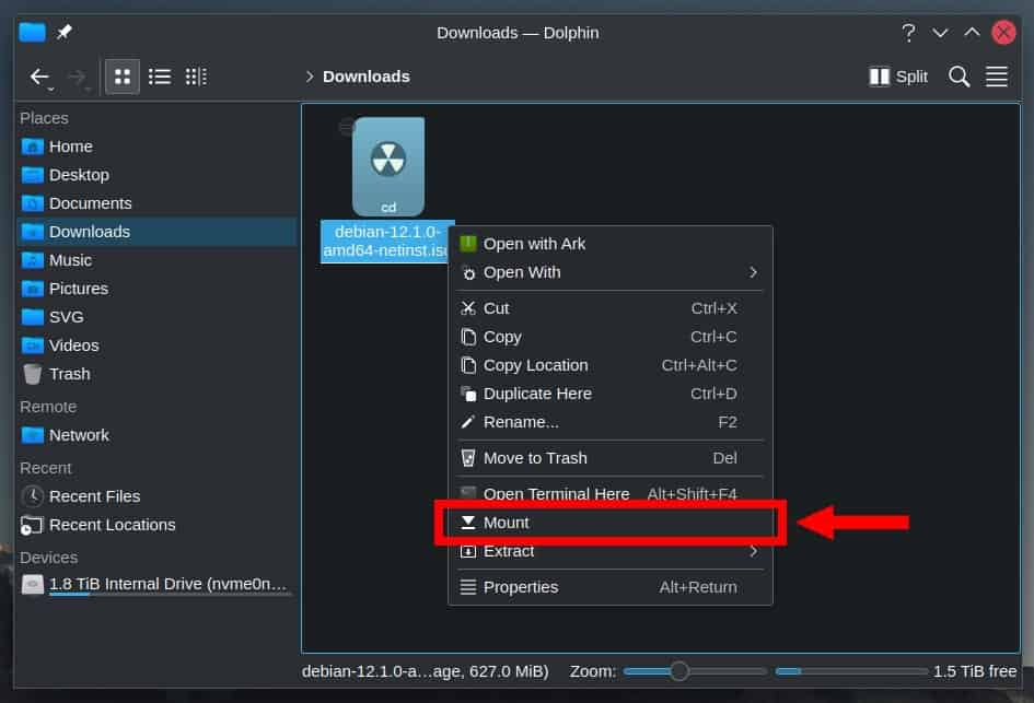 Mount ISO files using KDE Plasma’s Dolphin app.