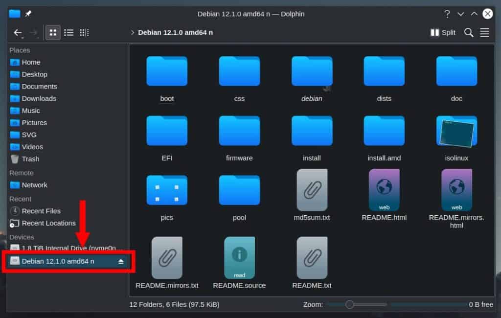 List the ISO file content using KDE Plasma’s Dolphin app.