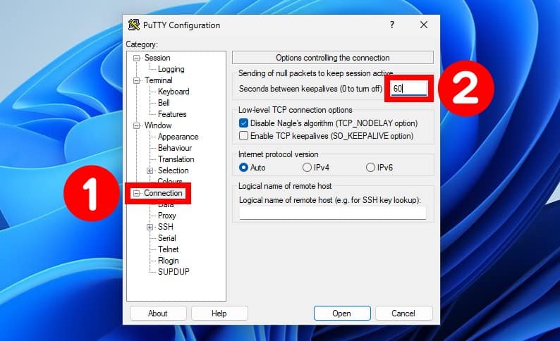 Change the keepalive settings on PuTTY.