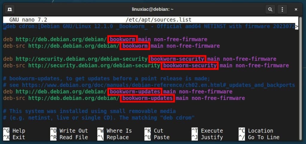 The default "sources.list" file on Debian 12 before the modification.