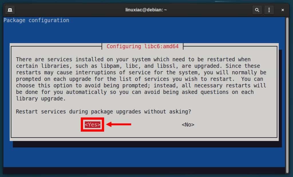 Choose the automatic service restart during the upgrade.