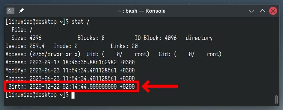 Find the exact date and time when Linux was installed using the stat command.