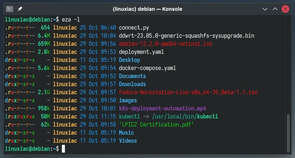 Listing files in Linux by using the 'eza' command.