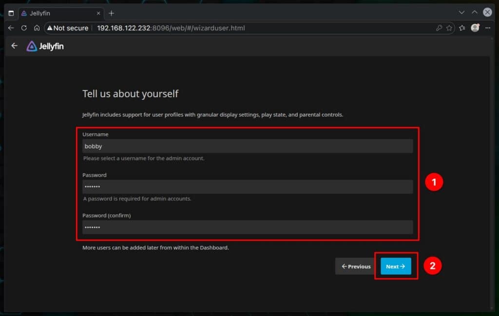 Create Jellyfin's admin account.