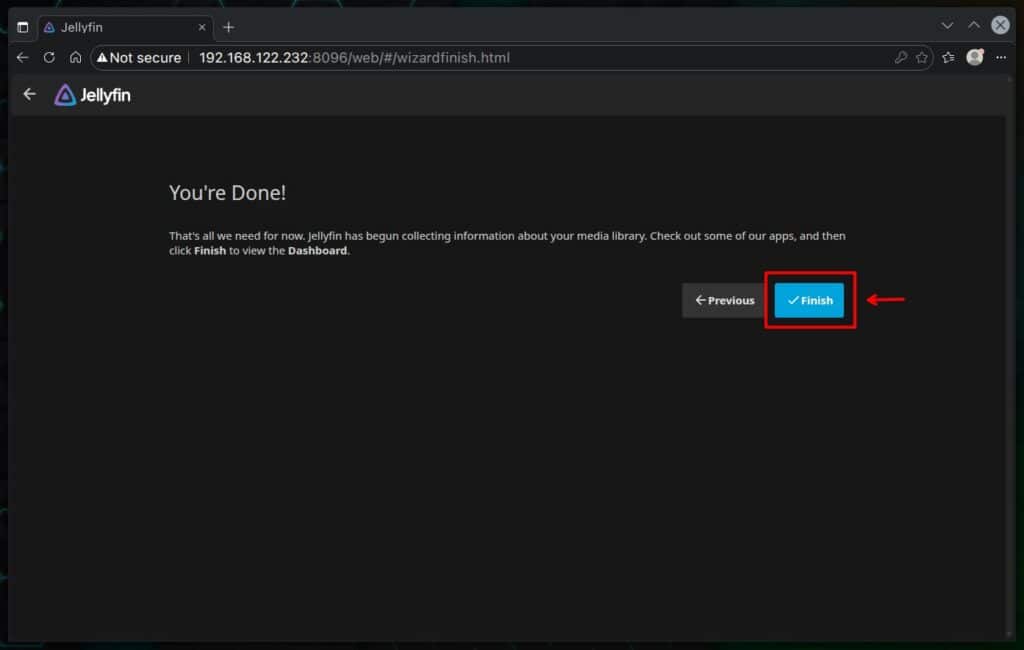 Completing the Jellyfin server setup.