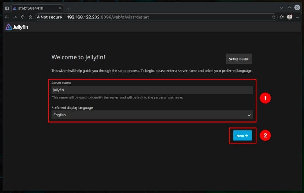 Set the server name and preferred language.