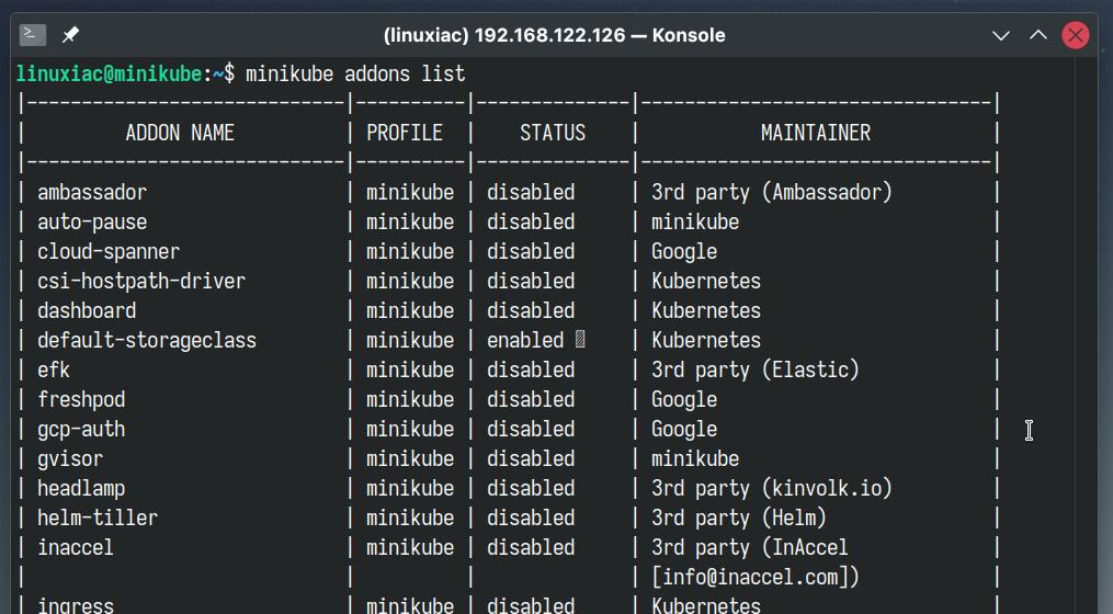Minikube addons list.