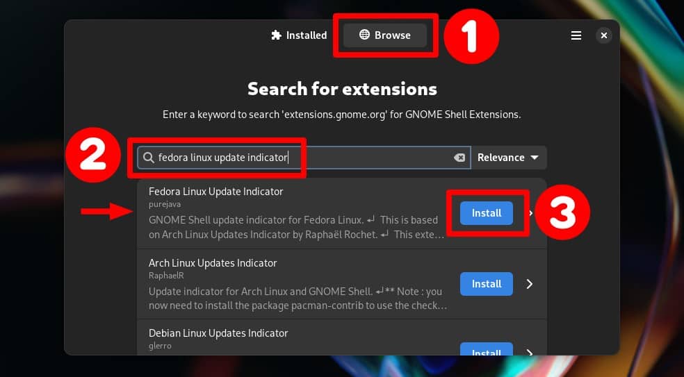 Install Fedora Linux Update Indicator GNOME’s extension.