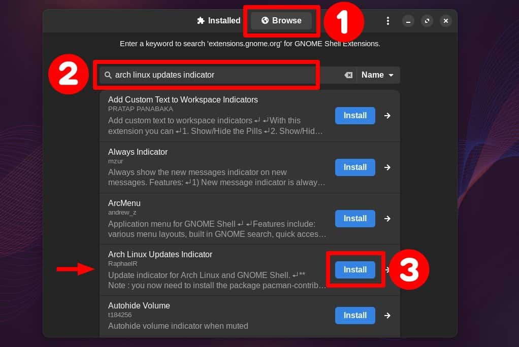 Install Arch Linux Update Indicator GNOME’s extension.