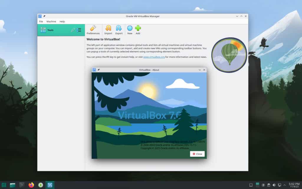 VirtualBox 7 is running on Manjaro.