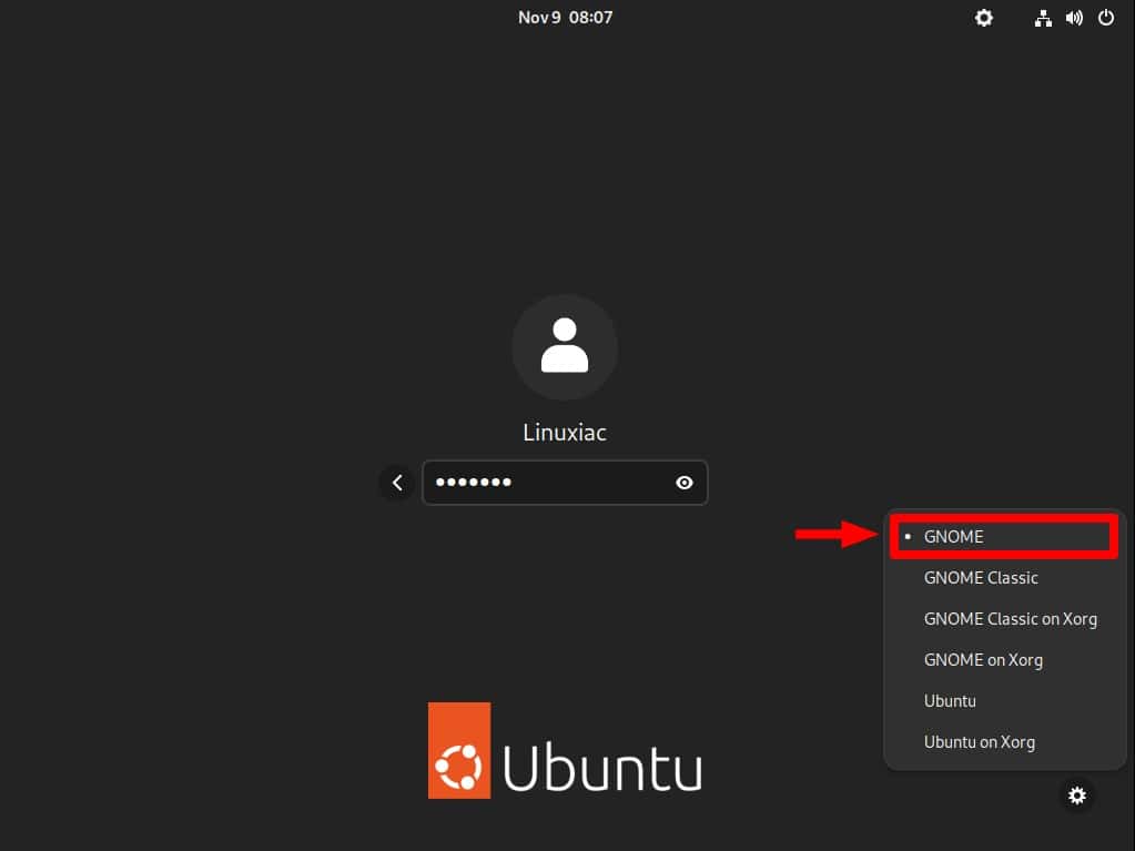 Choose a GNOME session from the login screen.