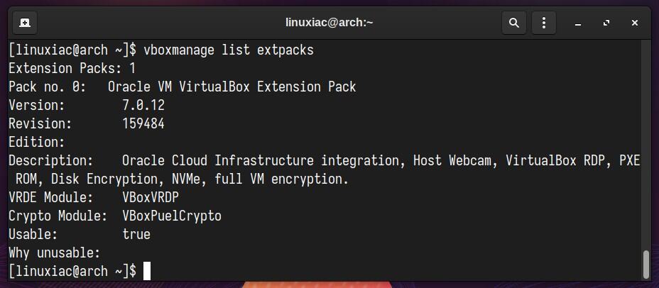 Verify the installed VirtualBox Extension Pack version.