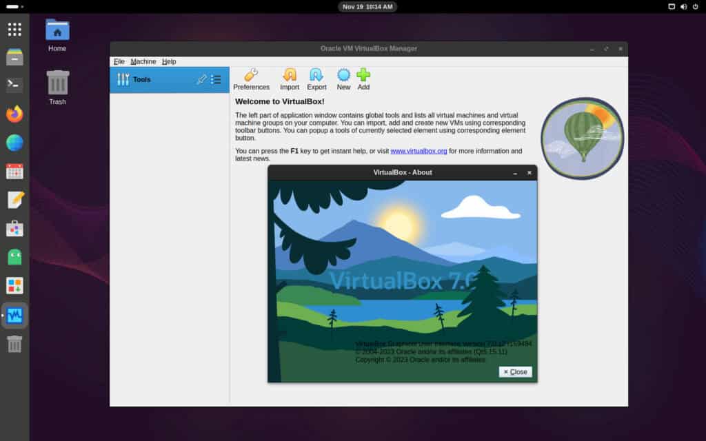 VirtualBox is installed and runs on Arch Linux.