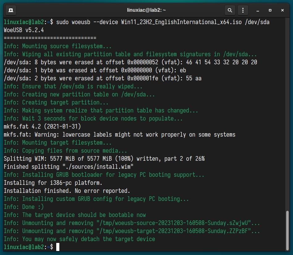 Windows bootable USB successfully created on Linux.