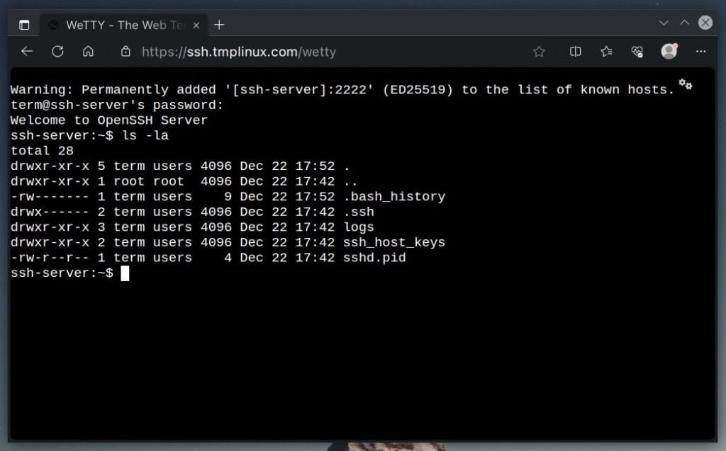 WeTTY, a web-based terminal client, is now successfully deployed using Docker Compose.