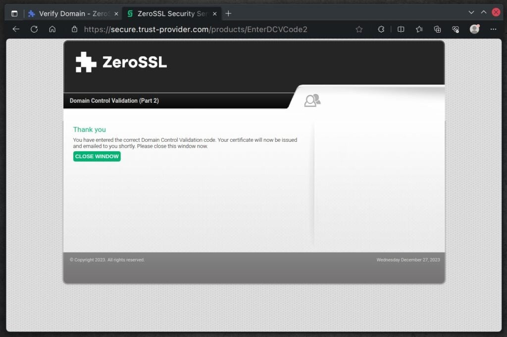 ZeroSSL certificate verification is successful.