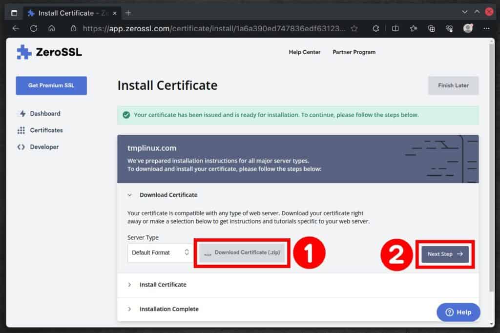 Install the SSL certificate on your web server.