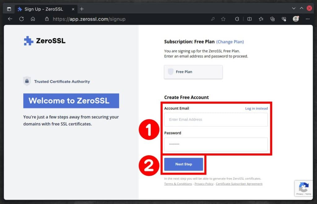 Sign Up for ZeroSSL