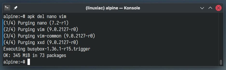 Removing multiple packages simultaneously on Alpine Linux.