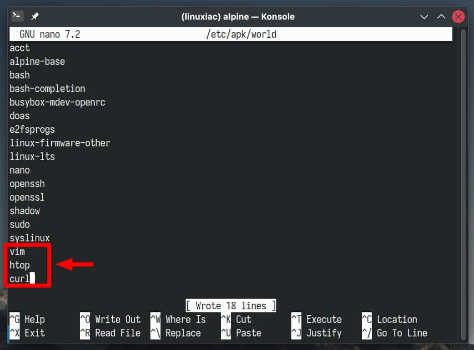 Batch-installing packages on Alpine Linux using the 'world' file.