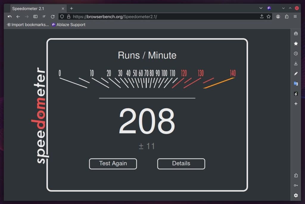 Floorp's performance measuring on Speedometer.