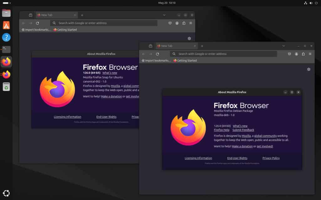 Ubuntu 24.04 LTS with a duplicated Firefox app installed.