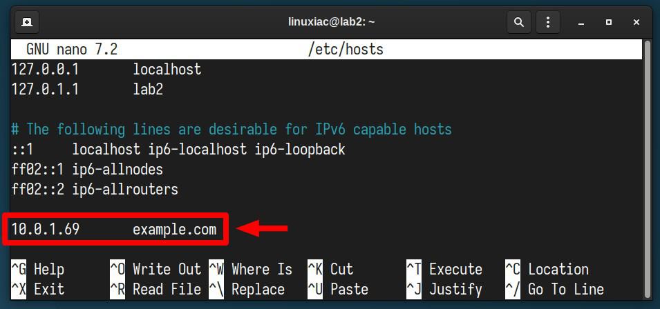 Mapping a domain name to the IP address in the "/etc/hosts" file on Linux.