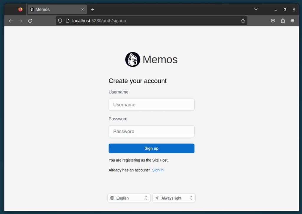 Memos' sign-up screen.