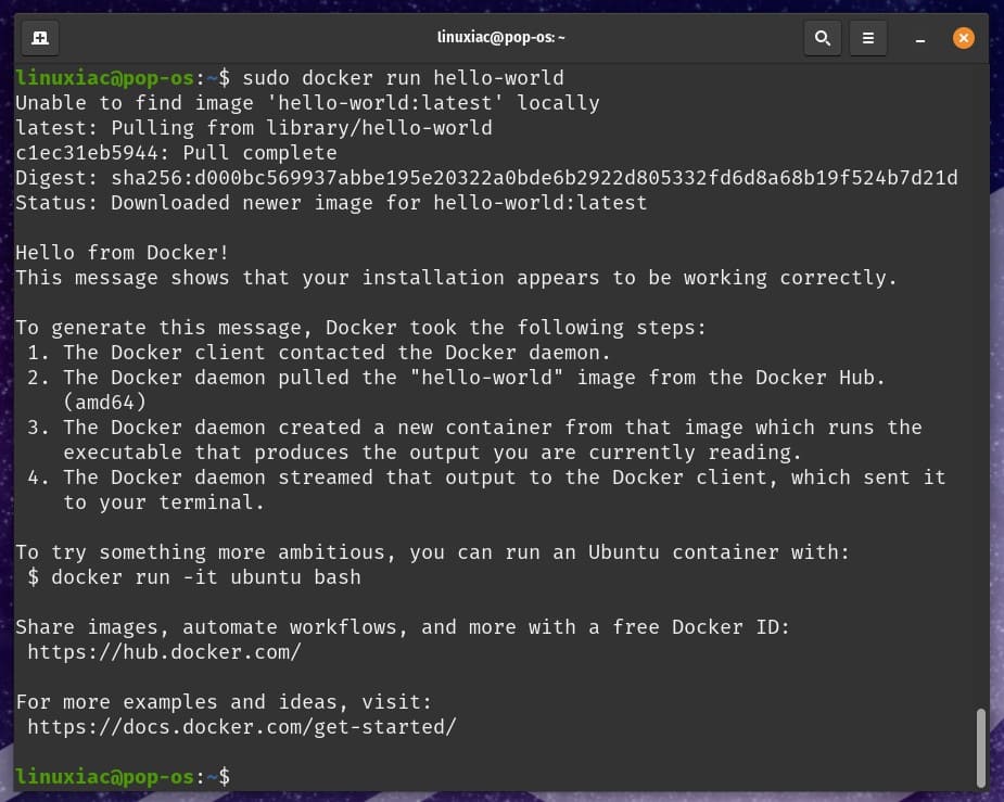 Docker successfully installed, up & running on Pop!_OS 22.04.