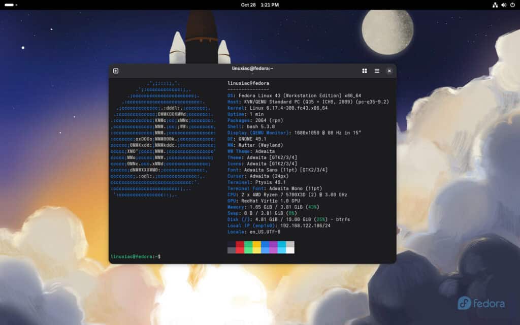 The system was successfully upgraded from Fedora 42 to Fedora 43 using the command line.